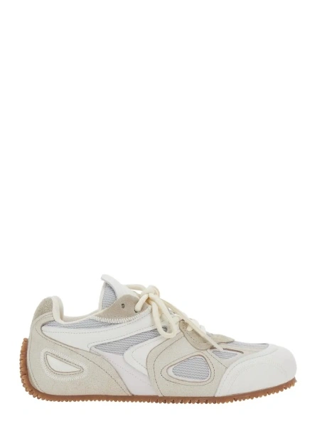 Sneakers 'Slow Runner' White and Beige Sneaker with Mesh Inserts and Grooved Sole in Leather and Fabric Woman