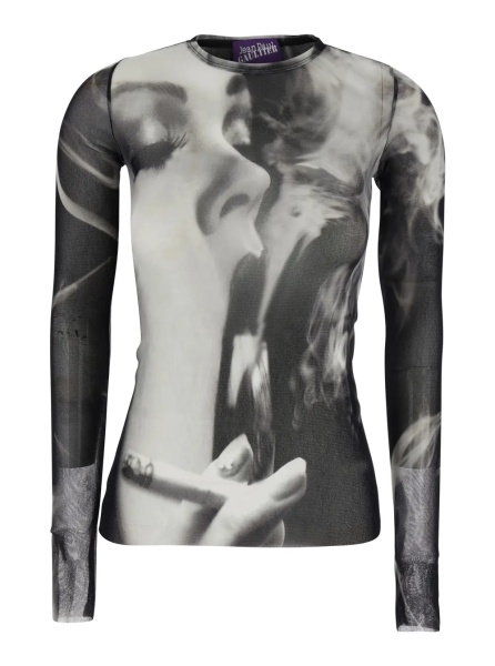 Topuri Black and White Long-Sleeved Top with Smoking Women Print in Tech Fabric for Women
