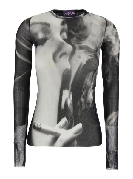 Topuri Black and White Long-Sleeved Top with Smoking Women Print in Tech Fabric for Women
