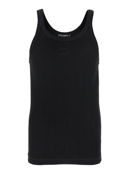 Topuri Black Sleeveless Top with Logo Embroidery on the Front and Ribbed Knit in Cotton Man