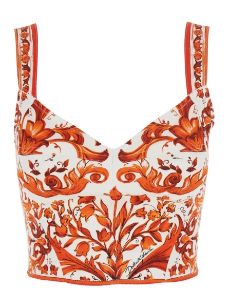 Topuri Orange Top with Bustier Design and All-Over Majolica Print in Silk Blend for Women