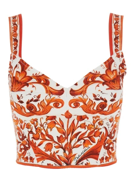 Topuri Orange Top with Bustier Design and All-Over Majolica Print in Silk Blend for Women