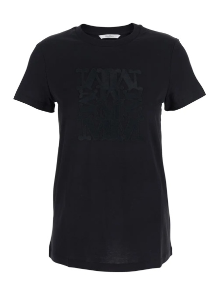 Tricou Black Crew Neck T-Shirt with Front Logo in Cotton Woman