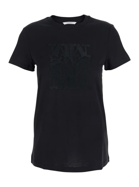 Tricou Black Crew Neck T-Shirt with Front Logo in Cotton Woman
