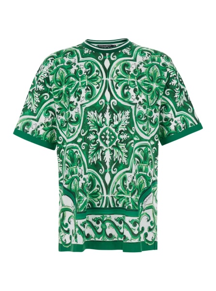 Tricou green T-shirt with all-over Maiolica print in cotton for men