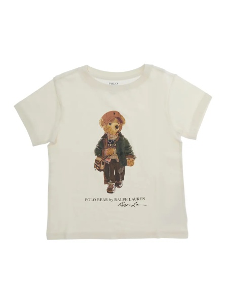 Tricou Polo Beige T-shirt with Polo Shirt Bear print on the front in cotton for Boy