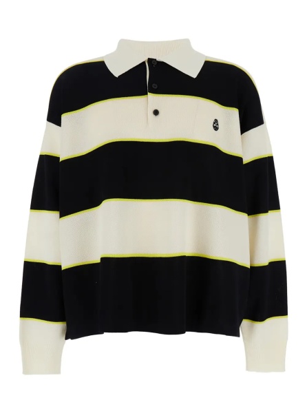 Tricou Polo Black and White Long-Sleeve Polo Shirt with Logo Patch on the Front and All-Over Striped Motif in Cotton Blend Man