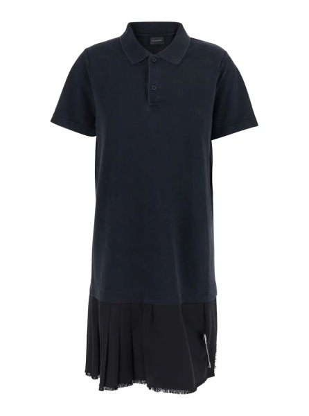 Tricou Polo Black Layered Dress with Polo Shirt Style Collar and Safety Pin Detail in Cotton Woman
