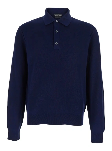 Tricou Polo Blue Polo Shirt with Classic Collar and Front Button Closure in Silk and Cotton Blend for Men