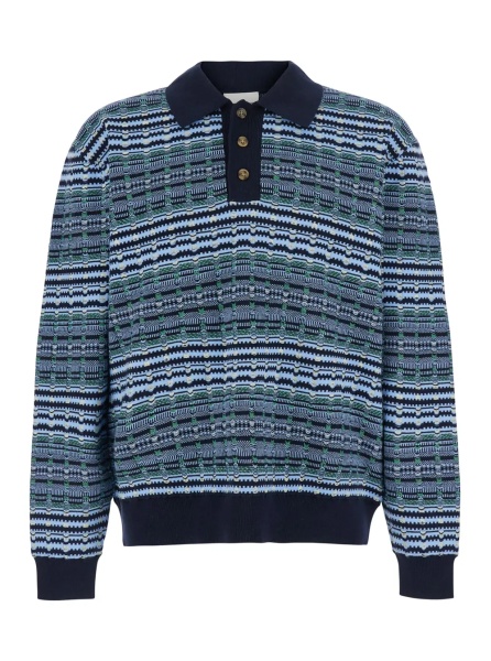 Tricou Polo Blue Sweater with polo collar and all-over stripes in wool blend for men