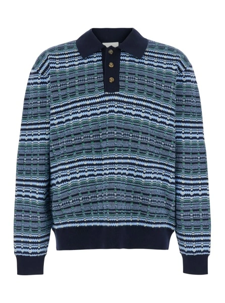 Tricou Polo Blue Sweater with polo collar and all-over stripes in wool blend for men