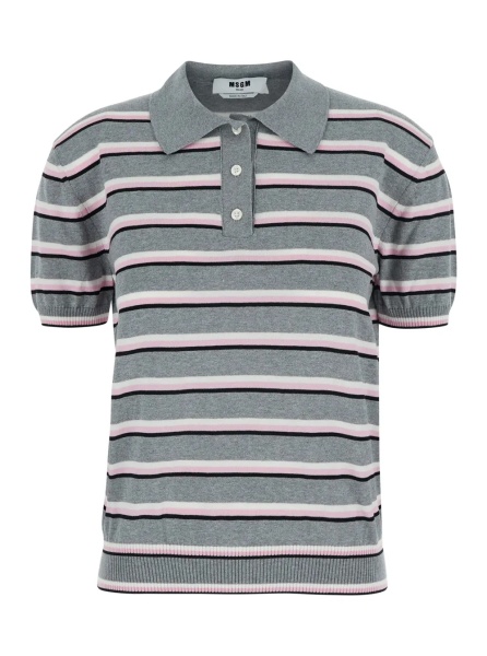 Tricou Polo Grey Polo Shirt with Ribbed Details and All-Over Striped Motif in Cotton for Women