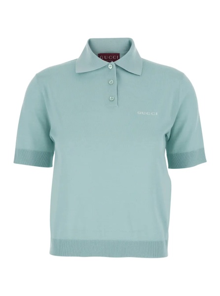 Tricou Polo Light Blue Polo with Classic Collar and Logo Lettering Embroidery on the Front in Wool for Women