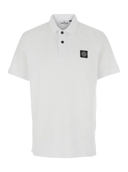 Tricou polo Stone Island alb din bumbac