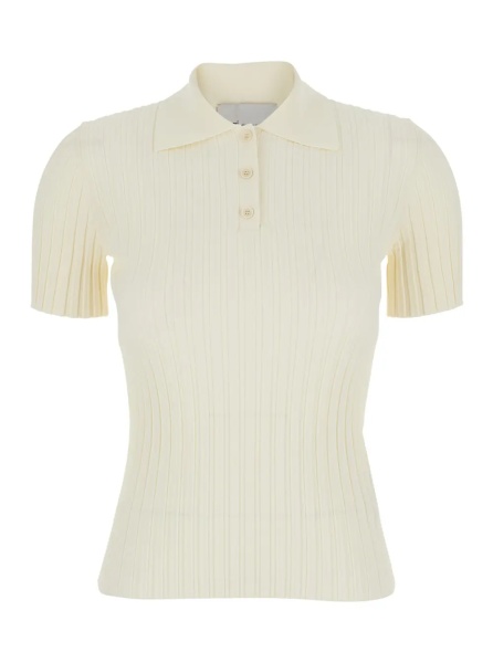 Tricou Polo White Polo Shirt with ribbed knit in viscose blend for women