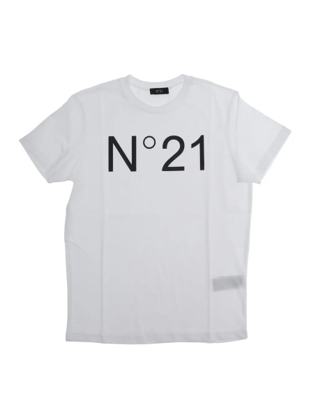 Tricou T-Shirt 'N°21' Crew Neck with Maxi Logo Print on the Front in White Cotton Girl