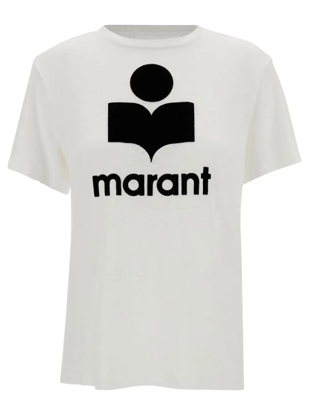 Tricou White Crew Neck T-Shirt with Contrast Logo Print in Linen for Women