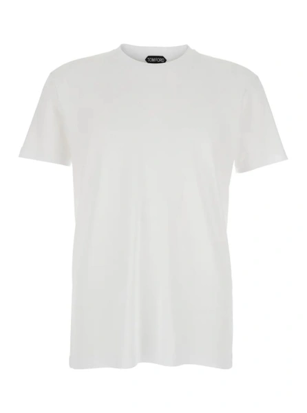 Tricou White Crew Neck T-Shirt with Logo Embroidery on the Front and Perforated Design in Cotton for Men