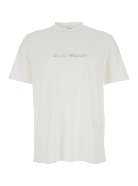 Tricou White Crew Neck T-Shirt with logo lettering in Cotton for Men