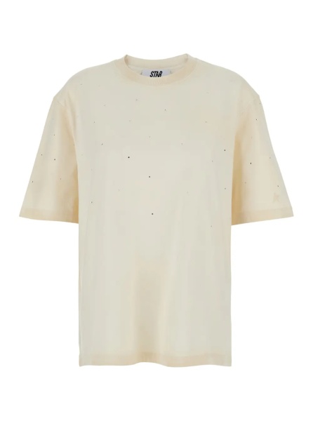 Tricou White Crew Neck T-Shirt with Rhinestone Decoration and Print on the Back in Cotton for Men