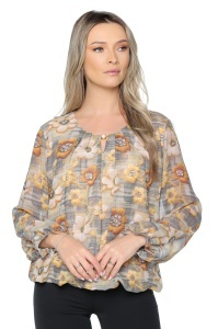 Bluza dama cu imprimeu 924, mâneci lungi vaporoase, Galben-Bej