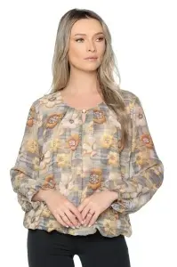 Bluza dama cu imprimeu 924, mâneci lungi vaporoase, Galben-Bej
