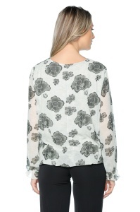 Bluza dama cu imprimeu 924, mâneci lungi vaporoase, Ivoire-Kaki - Img 2