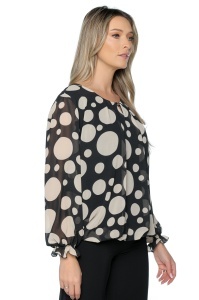 Bluza dama cu imprimeu 924, mâneci lungi vaporoase, Negru-Crem - Img 5