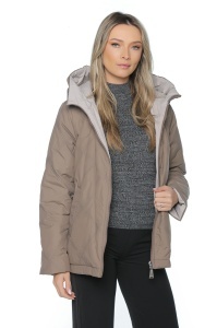 Geaca dama reversibila 2 fete, cu gluga, matlasata 2903, Maro Deschis-Crem - Img 5