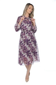 Rochie dama midi 953, vaporoasa, cu imprimeu discret, maneci lungi și cordon în talie, Mov-Gri - Img 2