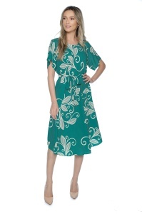Rochie dama midi 980, imprimeu floral, maneci scurte, cordon in talie, Verde-Crem - Img 2