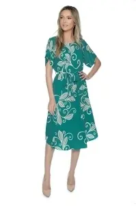 Rochie dama midi 980, imprimeu floral, maneci scurte, cordon in talie, Verde-Crem - Img 2