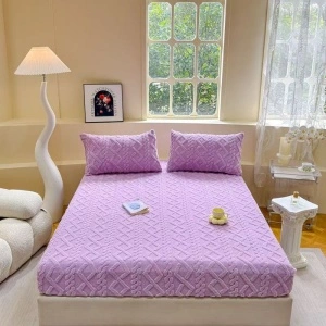 Set Husă de Pat Cocolino cu Elastic, 180x200 cm + 2 Fețe Pernă 50x75 cm, Culoarea Lila, Textură în Relief