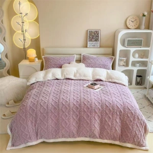 Set Lenjerie de Pat Cocolino Premium, 4 Piese, Model Tricotat, Lila