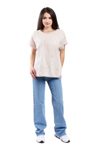Tricou dama cu imprimeu floral 1055, Bej, Marime Universala