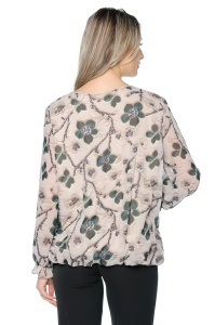 Bluza dama cu imprimeu 924, mâneci lungi vaporoase, Bej-Negru-Verde - Img 2