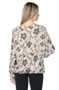 Bluza dama cu imprimeu 924, mâneci lungi vaporoase, Bej-Negru-Verde - Img 2
