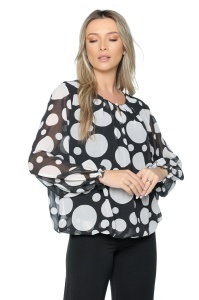 Bluza dama cu imprimeu 924, mâneci lungi vaporoase, Negru-Alb - Img 4