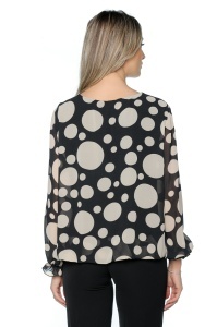 Bluza dama cu imprimeu 924, mâneci lungi vaporoase, Negru-Crem - Img 2