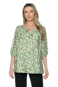 Bluză damă lejeră 701, mâneci 3/4 bufante, imprimeu Crem-Verde