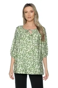 Bluză damă lejeră 701, mâneci 3/4 bufante, imprimeu Crem-Verde