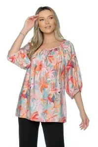 Bluză damă lejeră 701, mâneci 3/4 bufante, imprimeu Multicolor