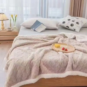 Pătură Cocolino cu Blăniță Uni, 200x230 cm, Model Tricotat , Crem