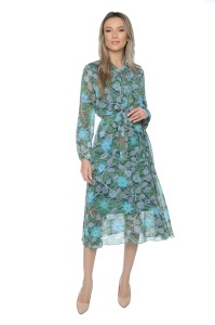 Rochie dama midi 953, vaporoasa, cu imprimeu discret, maneci lungi și cordon în talie, Verde-Albastru - Img 4