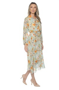 Rochie dama midi 953, vaporoasa, cu imprimeu discret, maneci lungi și cordon în talie, Crem-Portocaliu - Img 4