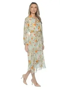 Rochie dama midi 953, vaporoasa, cu imprimeu discret, maneci lungi și cordon în talie, Crem-Portocaliu - Img 4