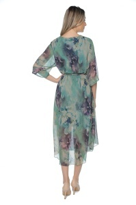Rochie dama midi 980-B, vaporoasa, cu imprimeu floral, cordon in talie și maneci lejere, Verde-Mov - Img 4
