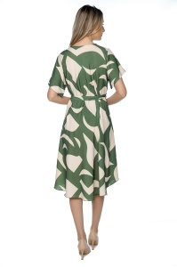 Rochie dama midi 980, imprimeu abstract, maneci scurte, cordon in talie, Kaki-Crem - Img 6