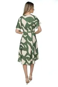 Rochie dama midi 980, imprimeu abstract, maneci scurte, cordon in talie, Kaki-Crem - Img 6