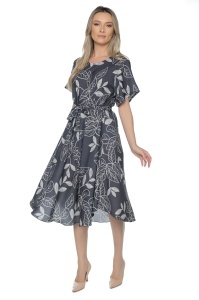 Rochie dama midi 980, imprimeu floral, maneci scurte, cordon in talie, Negru-Ivoire - Img 4